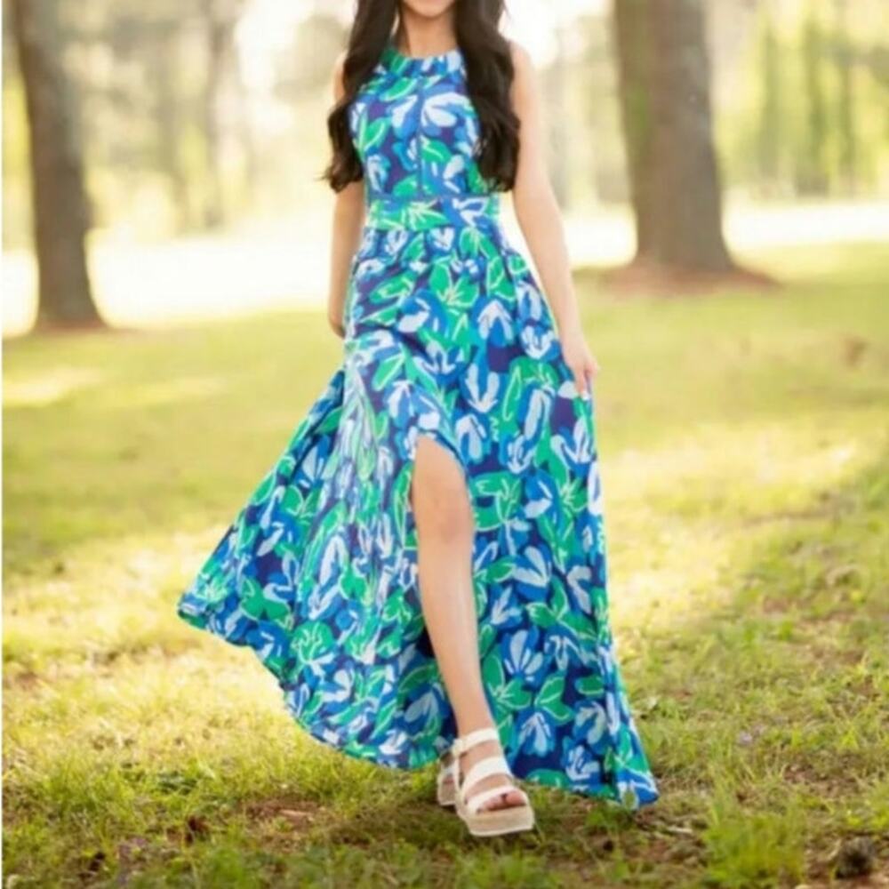 Anthropologie Blue and Green Floral Maxi Dress